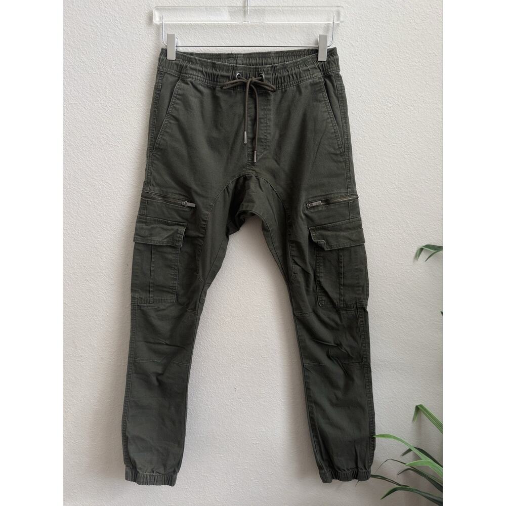 Men’s Green Olive Pull Up Utility Cargo Slim Twill Joggers Small